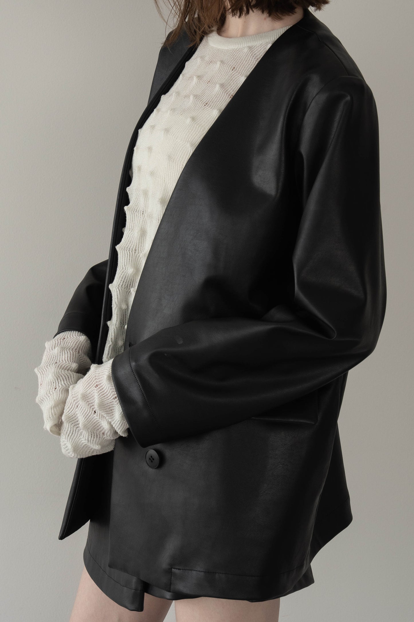 レザーノーカラージャケット【BLACK】