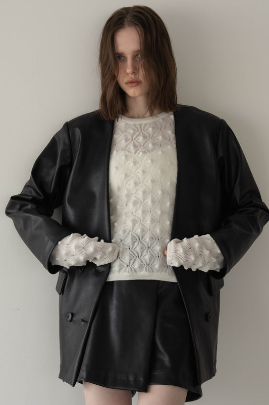 レザーノーカラージャケット【BLACK】