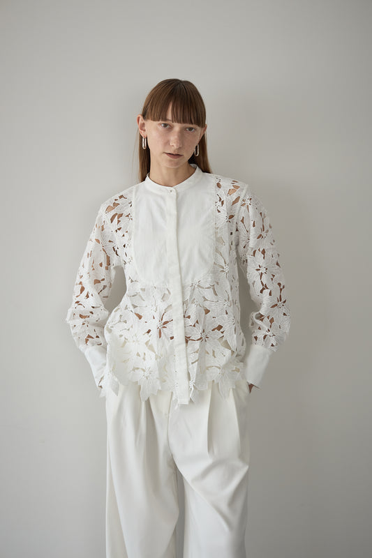 スタンドカラーレースシャツ【WHITE】