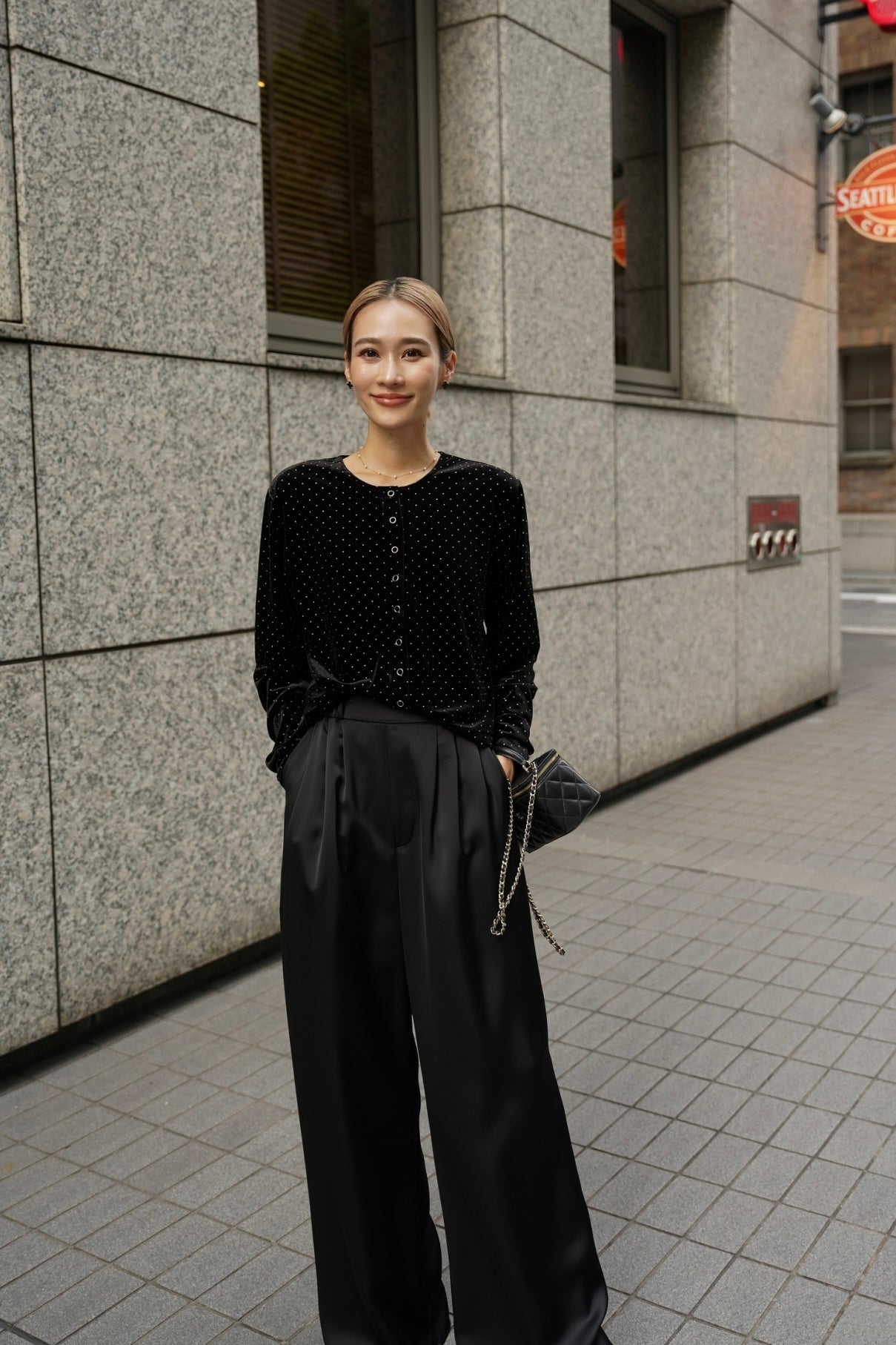 サテンワイドパンツ【BLACK】