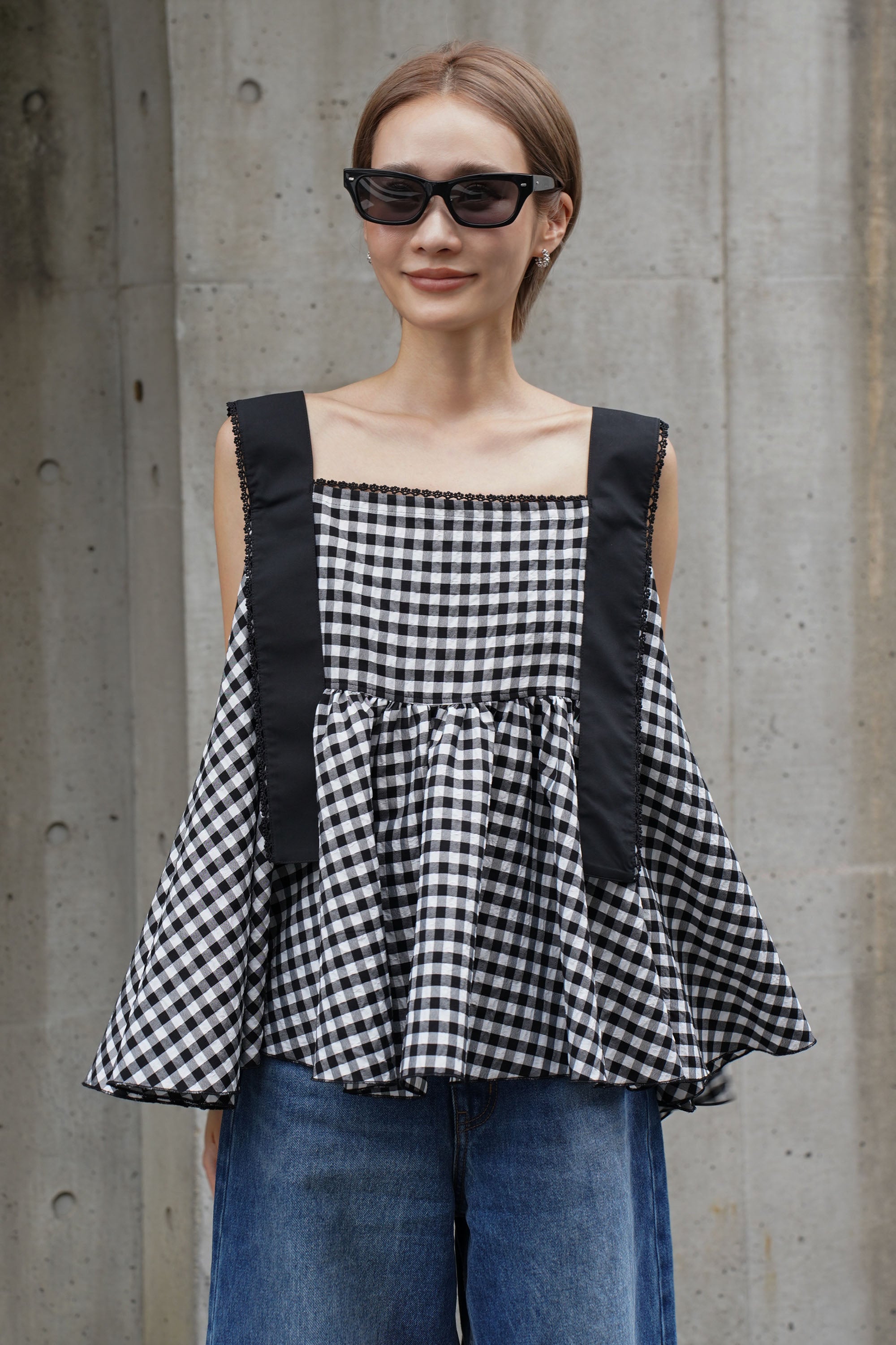 ellie レースチェックタックブラウス【MUTI】 予約販売8月上旬〜中旬配送】レースチェックタックブラウス【MUTI
