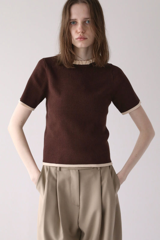 ハーフスリーブフリルニット【BROWN】