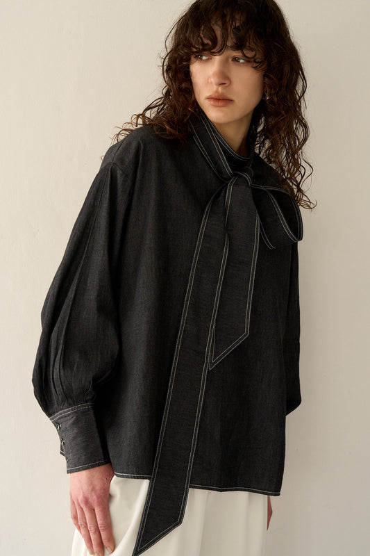 デニムリボンブラウス【BLACK】