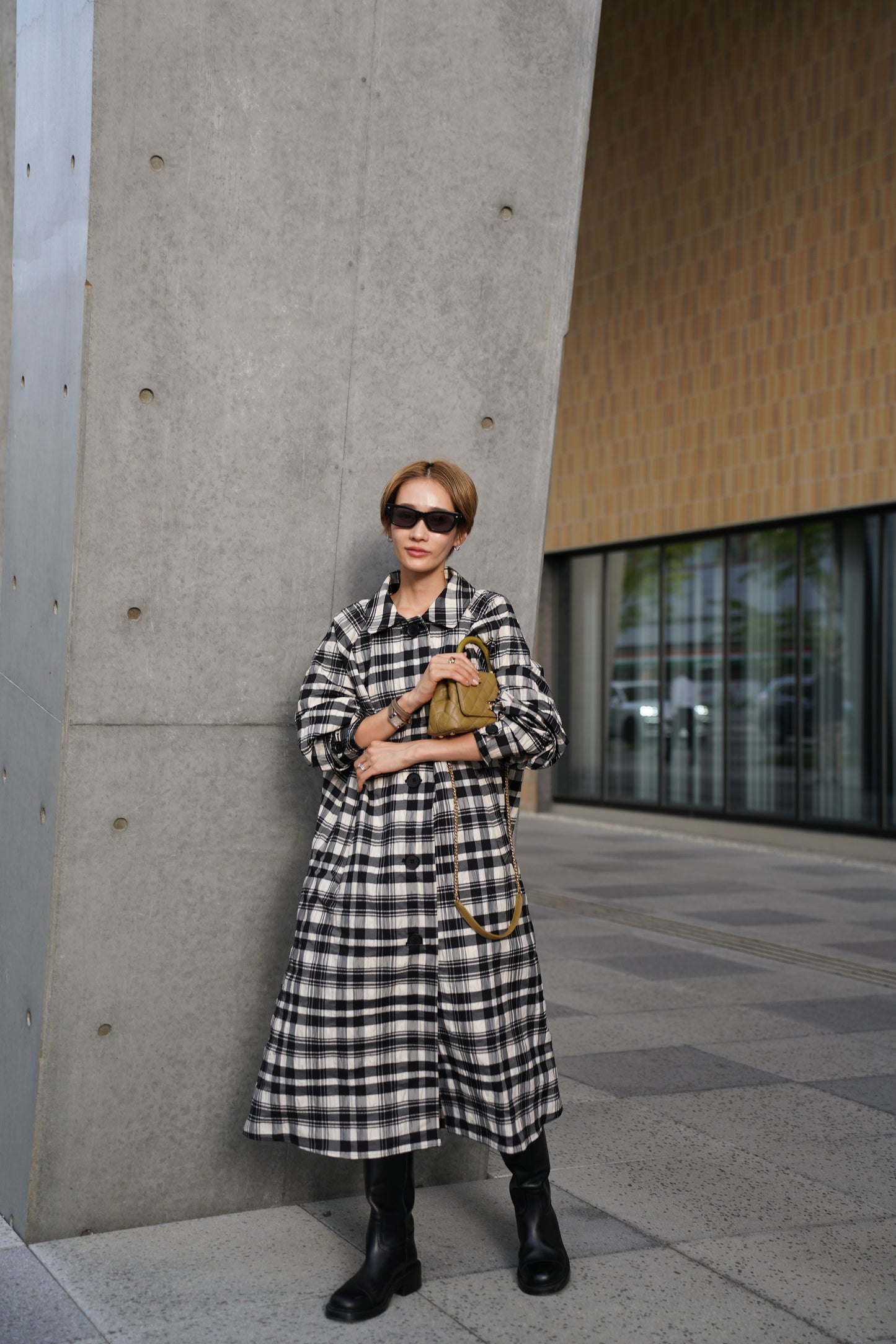 チェックロングアウター【BLACK】