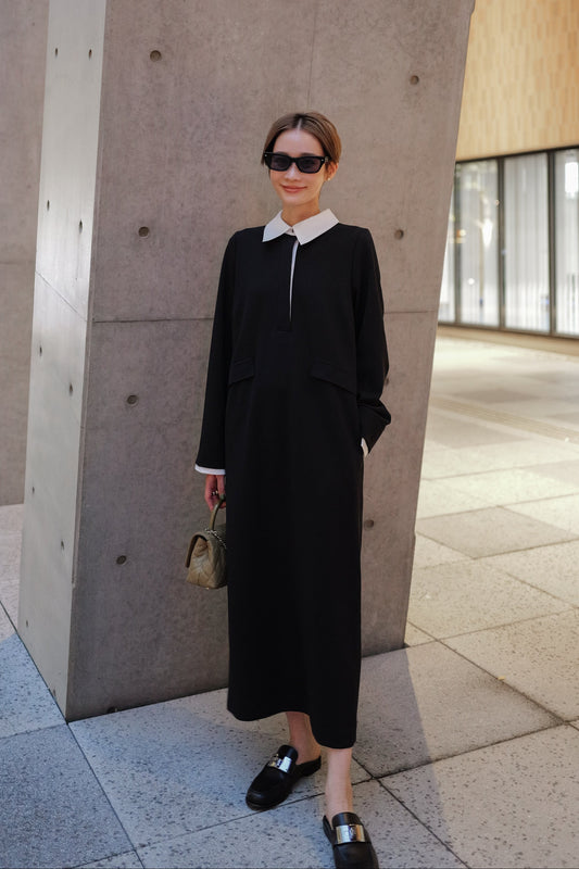 バイカラージョーゼットドレス【BLACK】