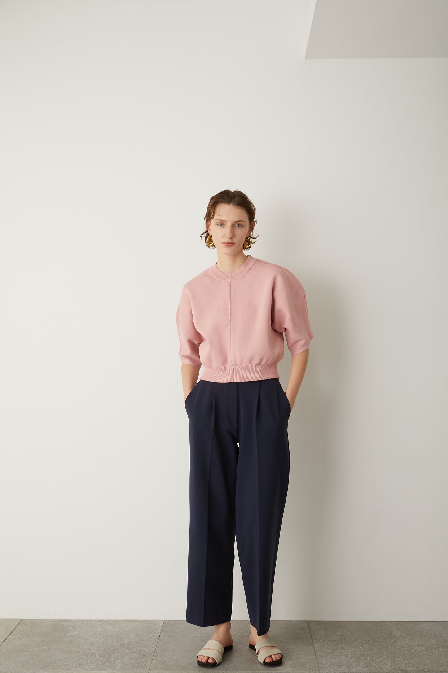 ボタンストレッチワイドパンツ【NAVY】