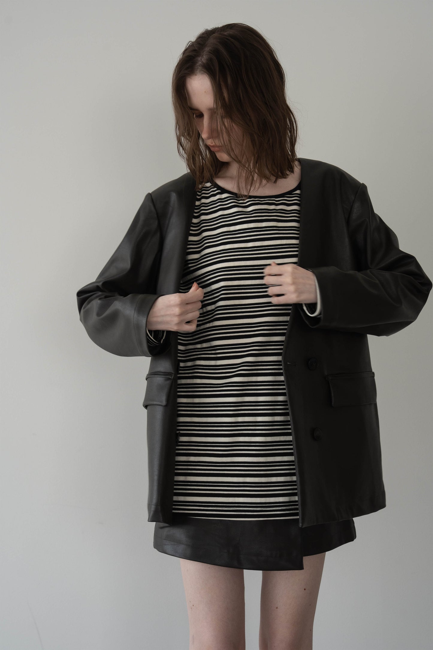 レザーノーカラージャケット【BROWN】