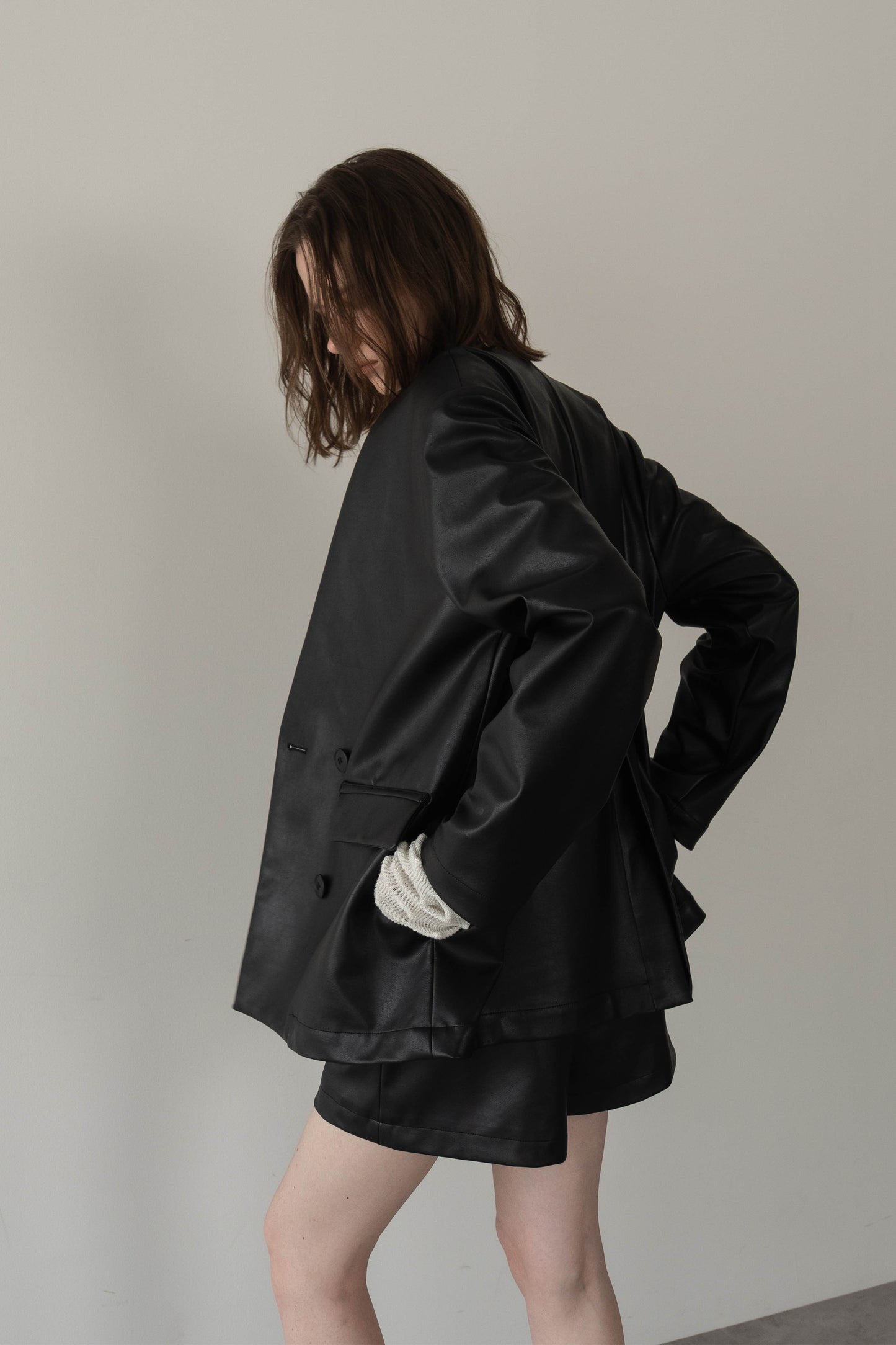 レザーノーカラージャケット【BLACK】