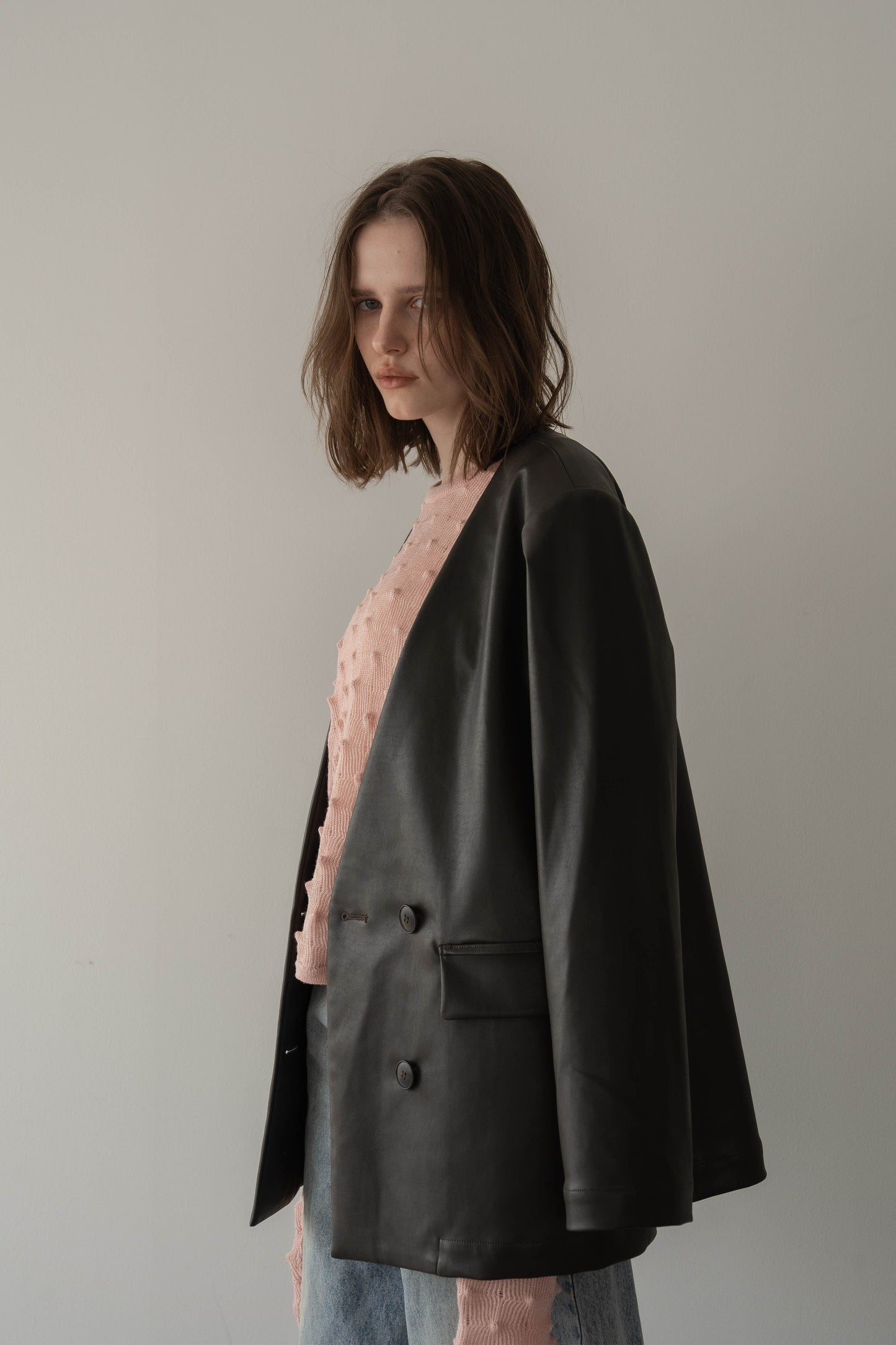 レザーノーカラージャケット【BROWN】