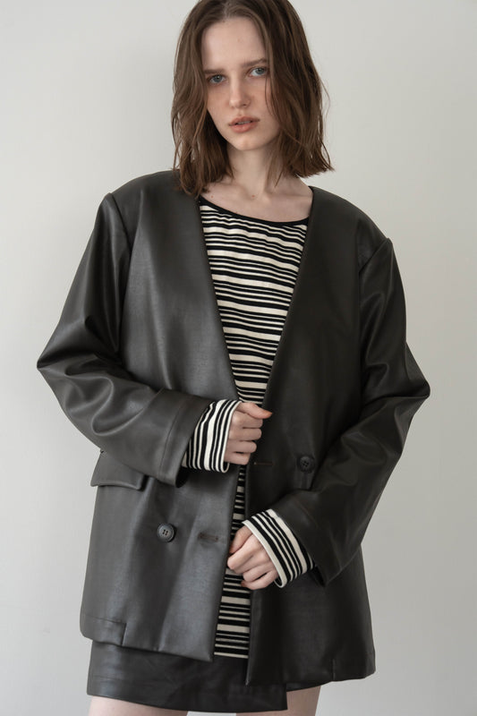 レザーノーカラージャケット【BROWN】