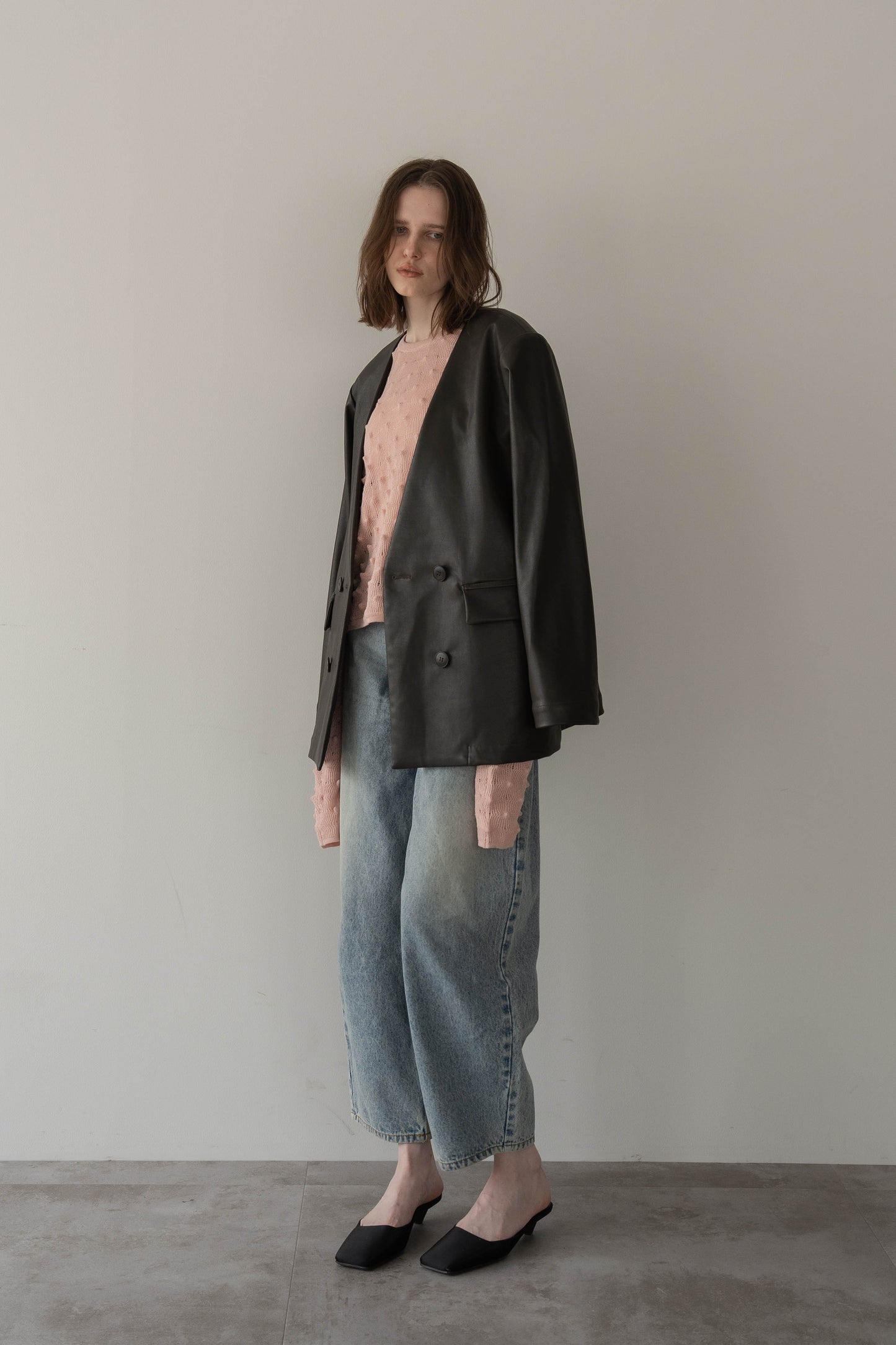 レザーノーカラージャケット【BROWN】