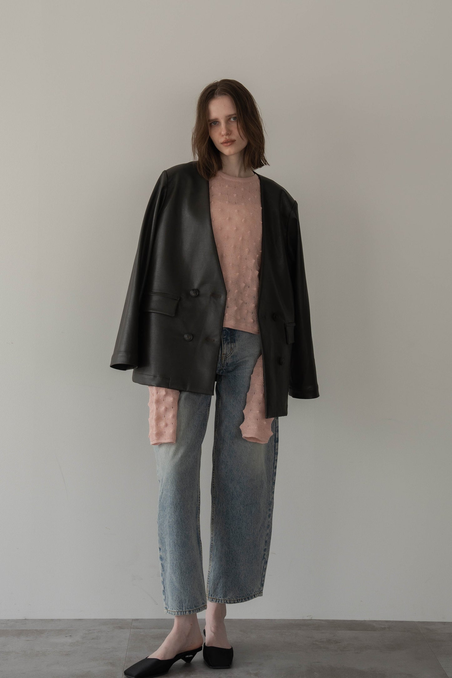 レザーノーカラージャケット【BROWN】