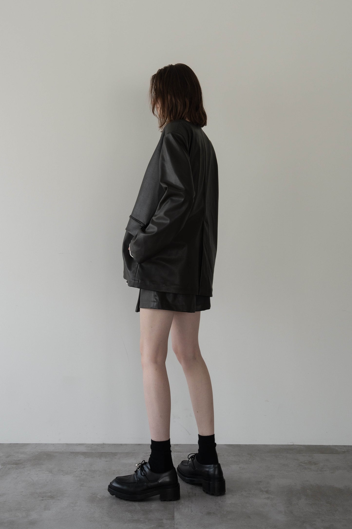 レザーノーカラージャケット【BROWN】