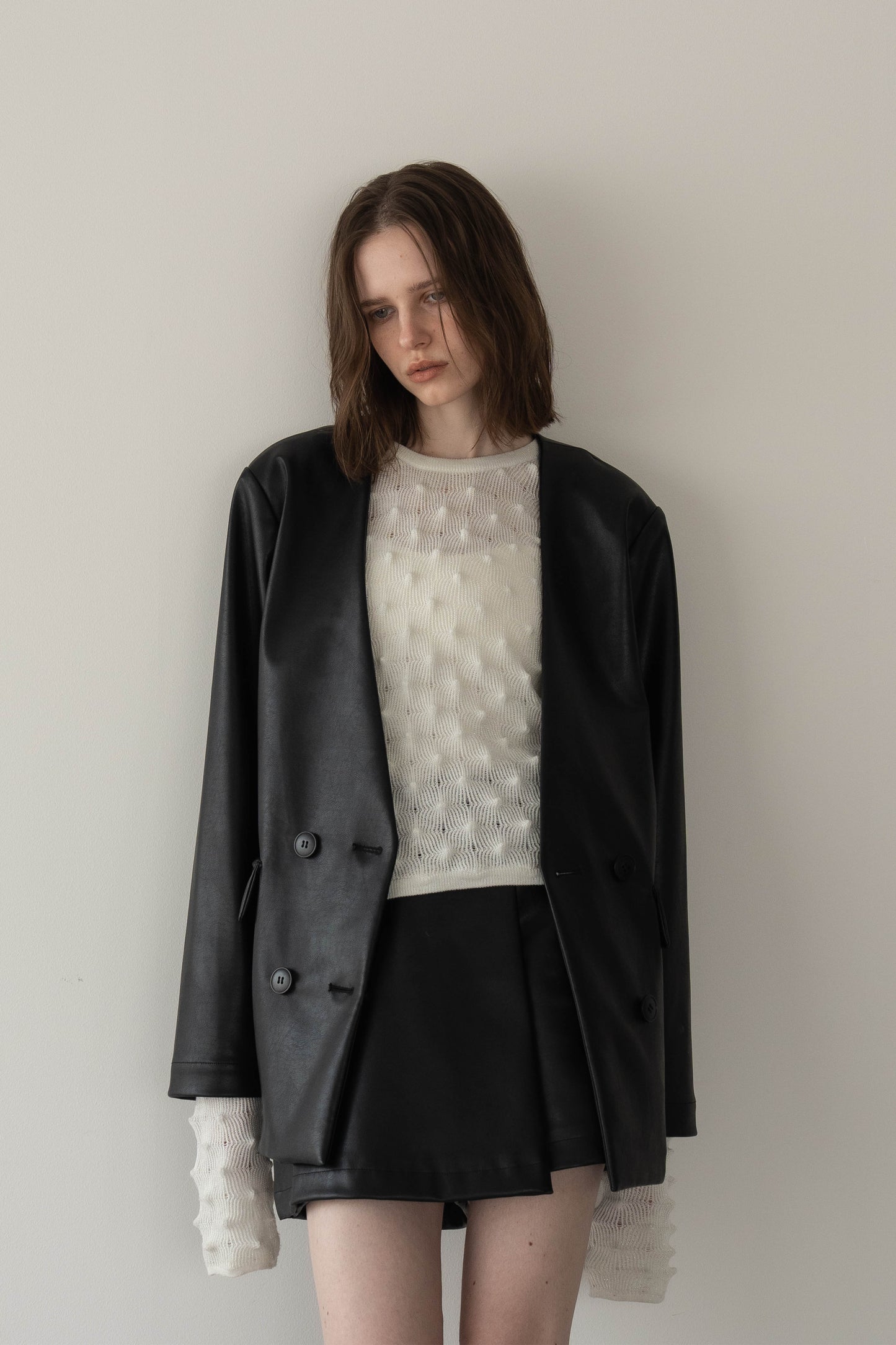 レザーノーカラージャケット【BLACK】