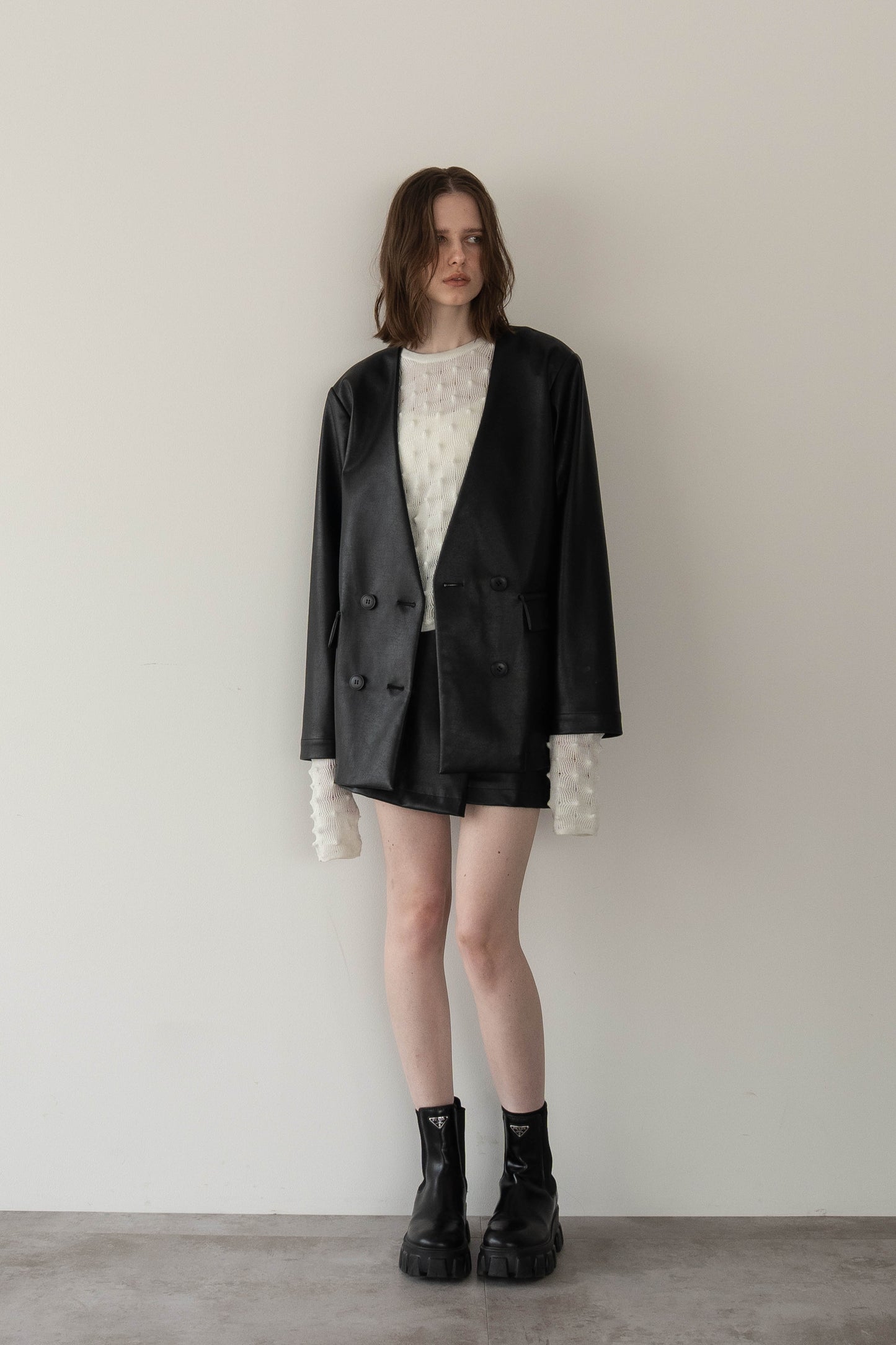 レザーノーカラージャケット【BLACK】