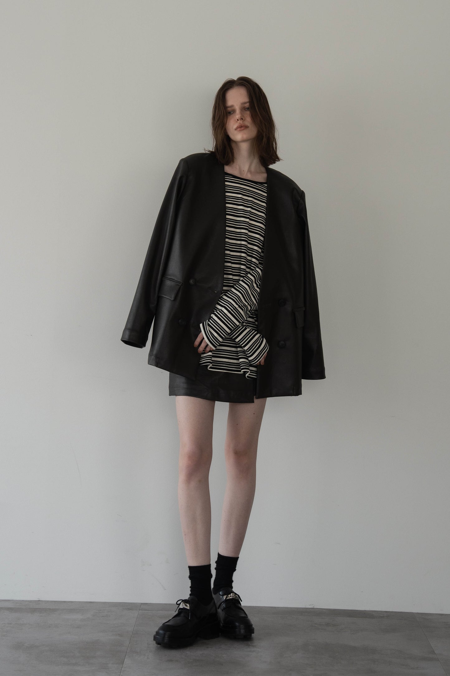 レザーノーカラージャケット【BROWN】