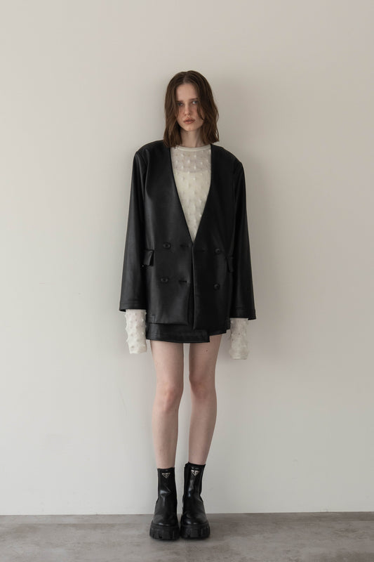 レザーノーカラージャケット【BLACK】