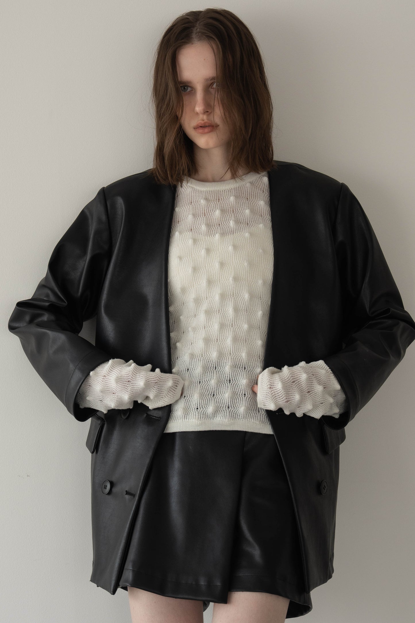 レザーノーカラージャケット【BLACK】