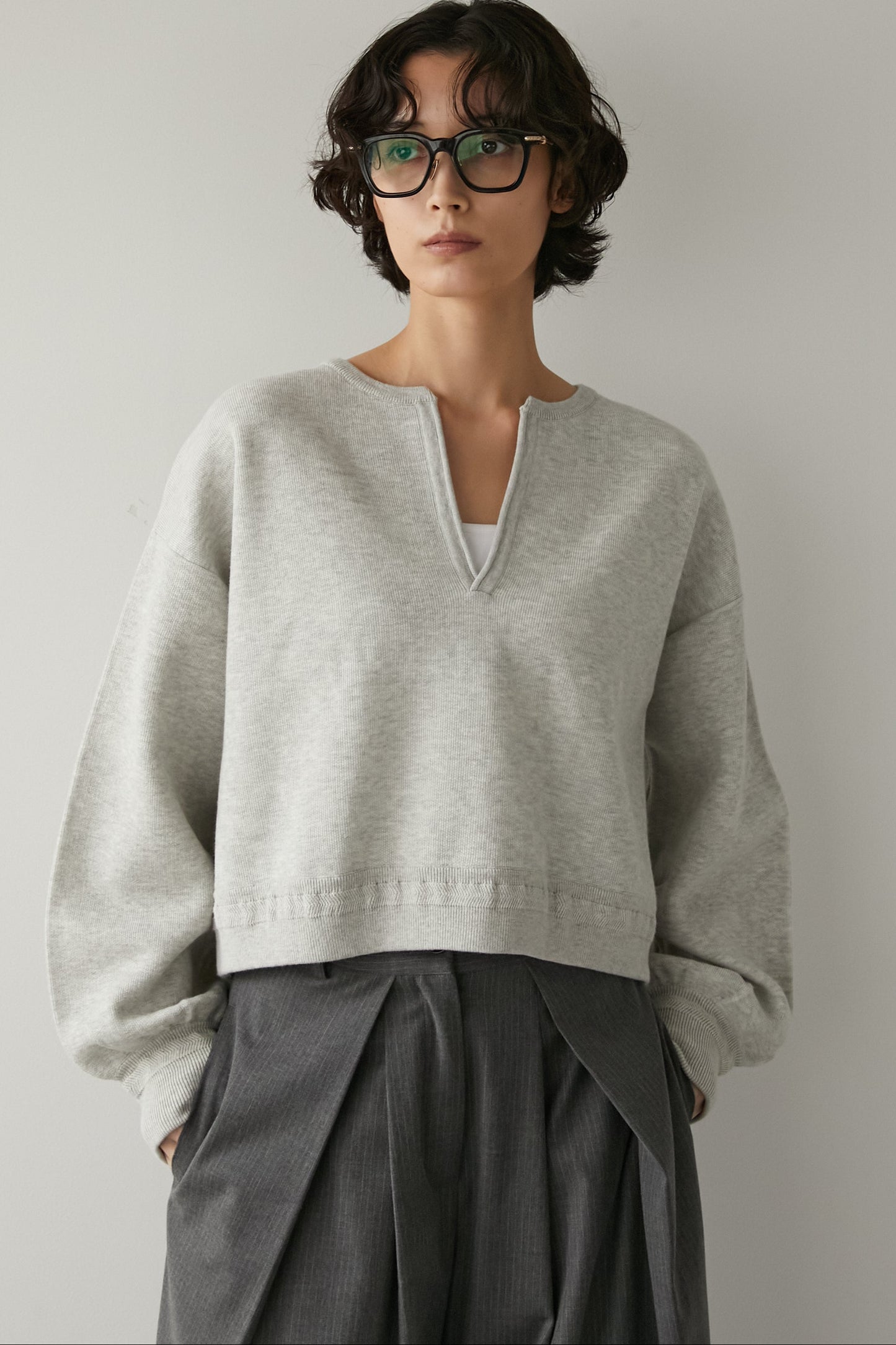 スキッパーニットトップス【GRAY】