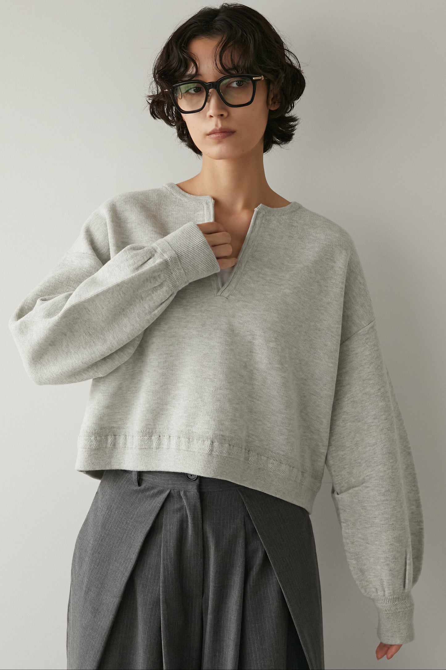 スキッパーニットトップス【GRAY】