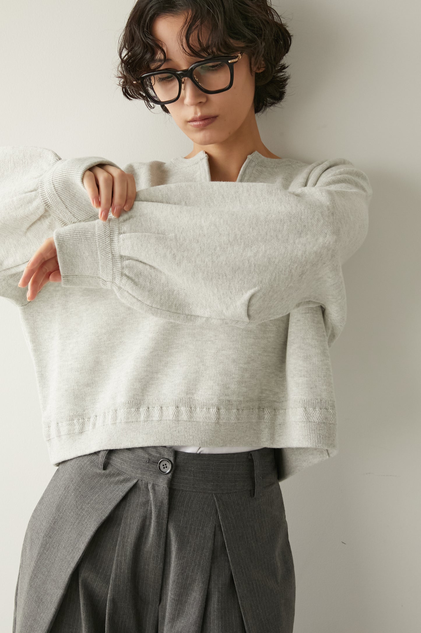 スキッパーニットトップス【GRAY】