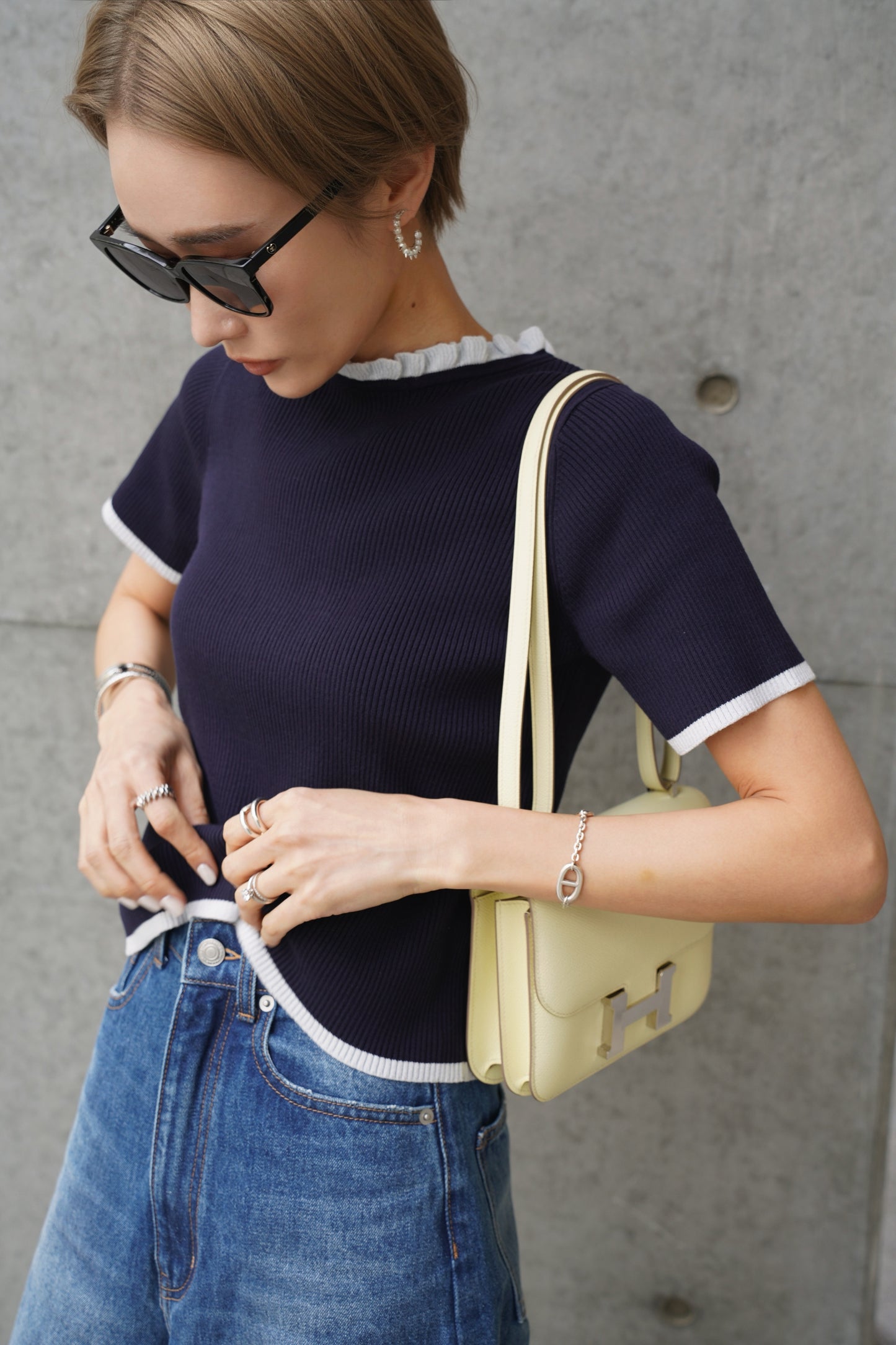 ハーフスリーブフリルニット【NAVY】