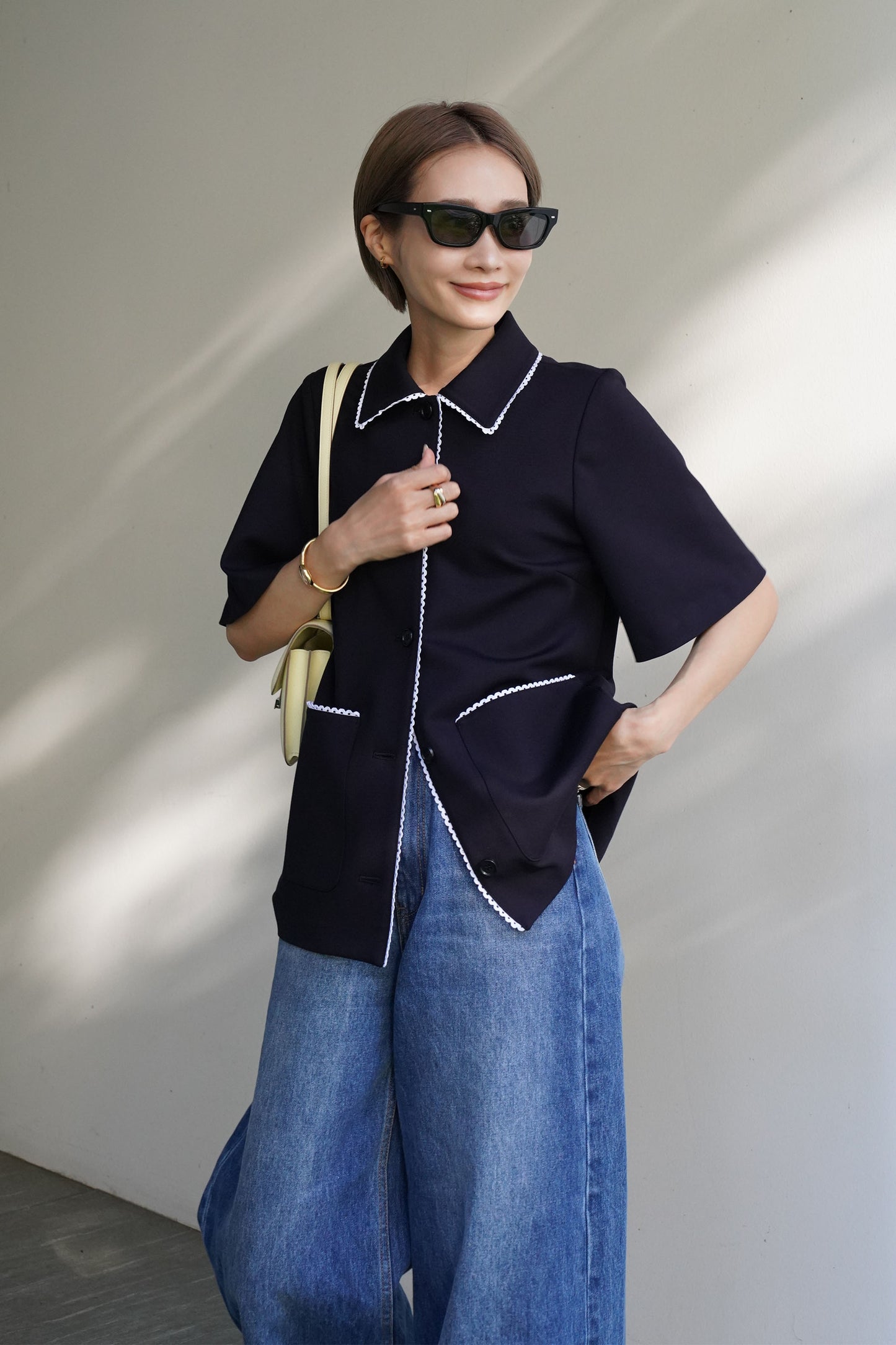 ステッチカラートップス【NAVY】