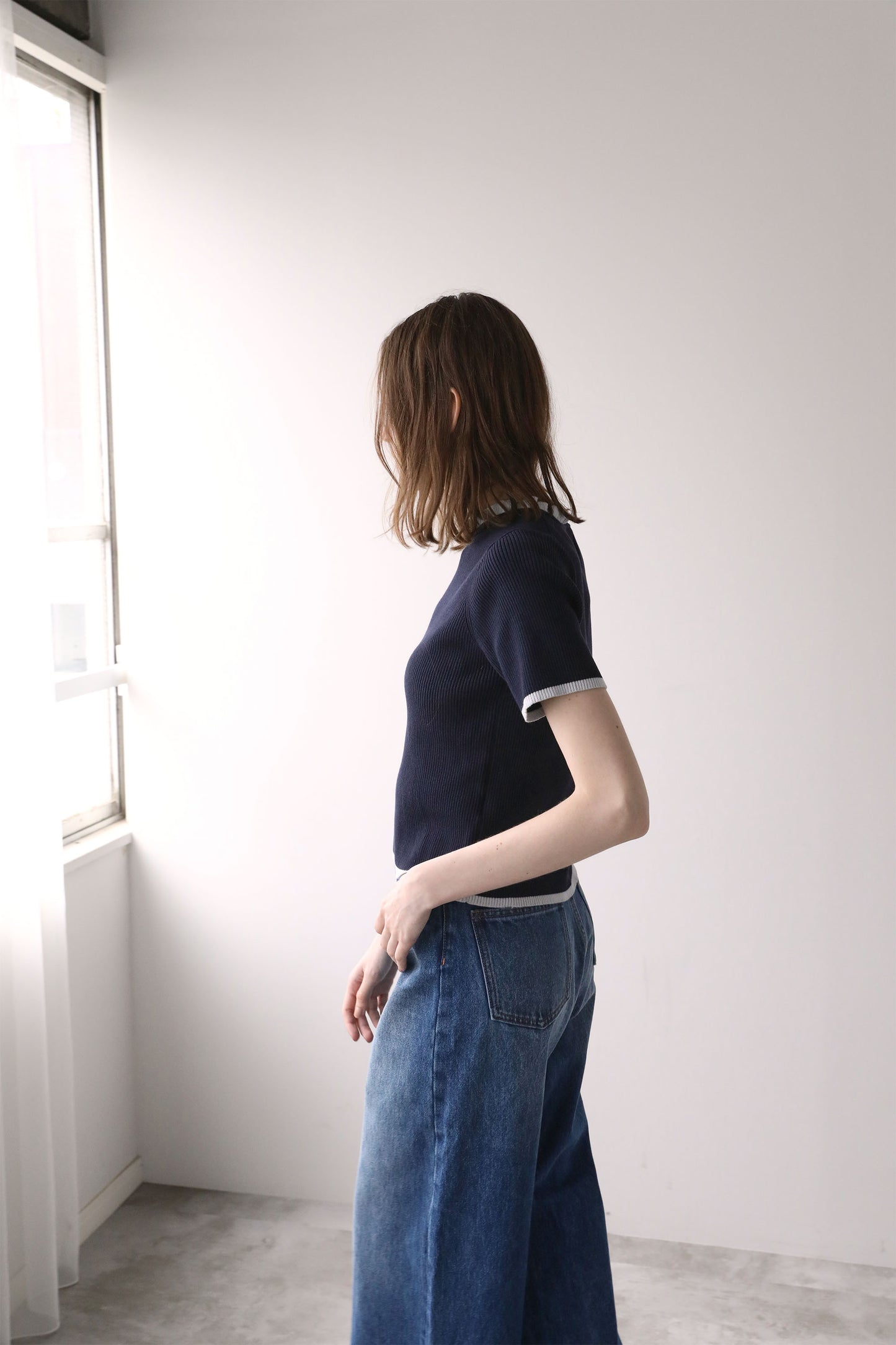 ハーフスリーブフリルニット【NAVY】