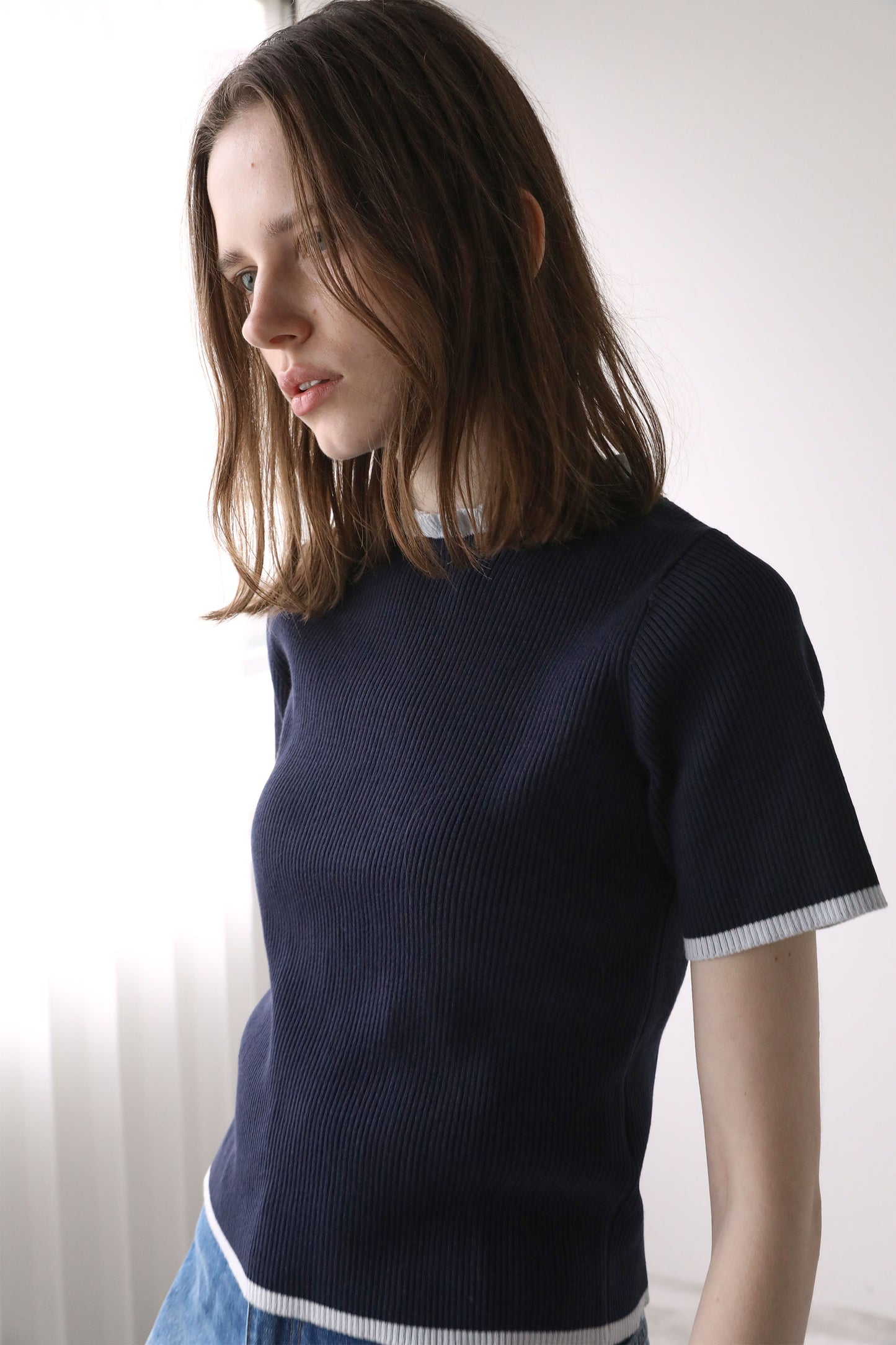 ハーフスリーブフリルニット【NAVY】