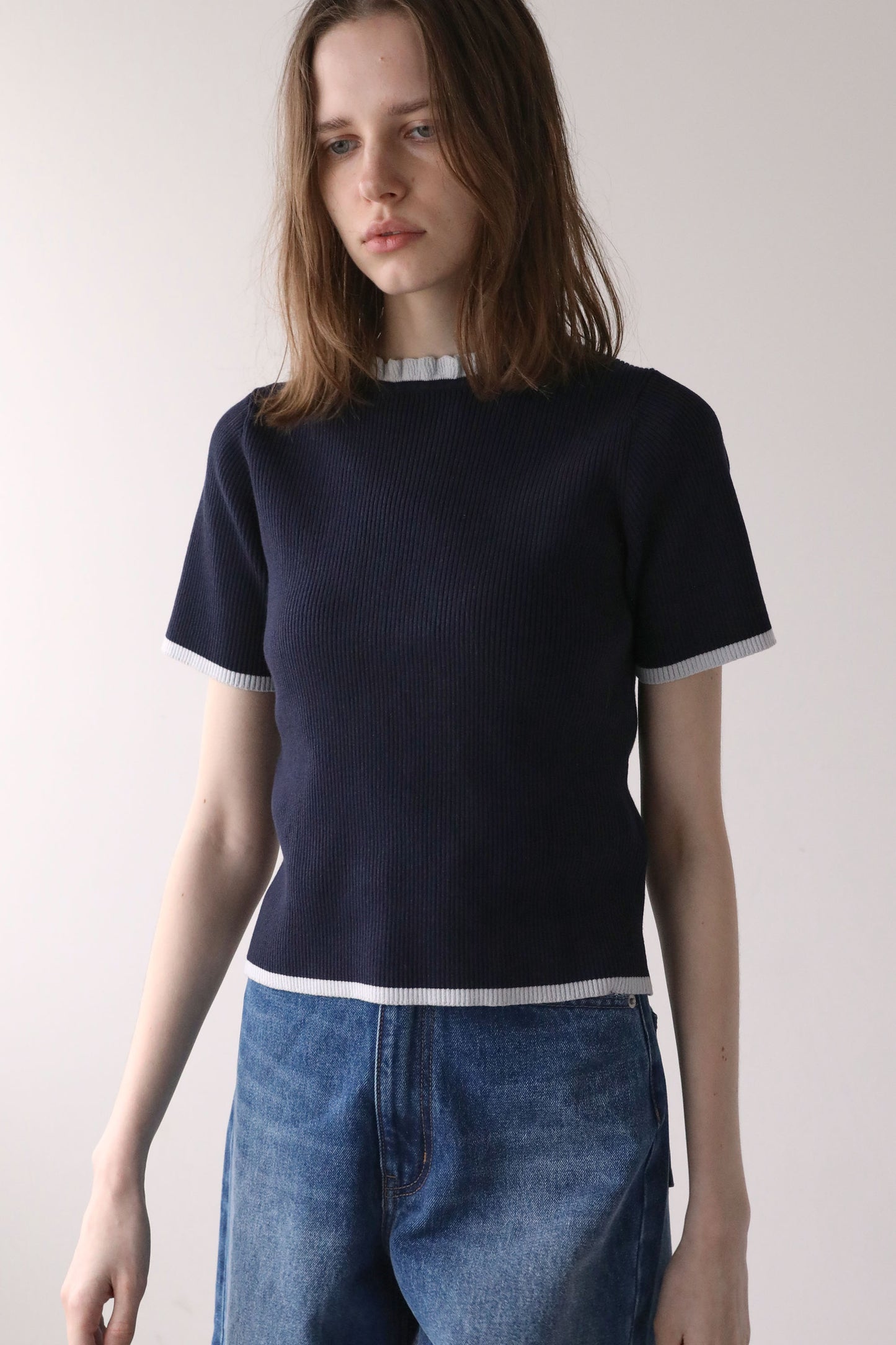 ハーフスリーブフリルニット【NAVY】