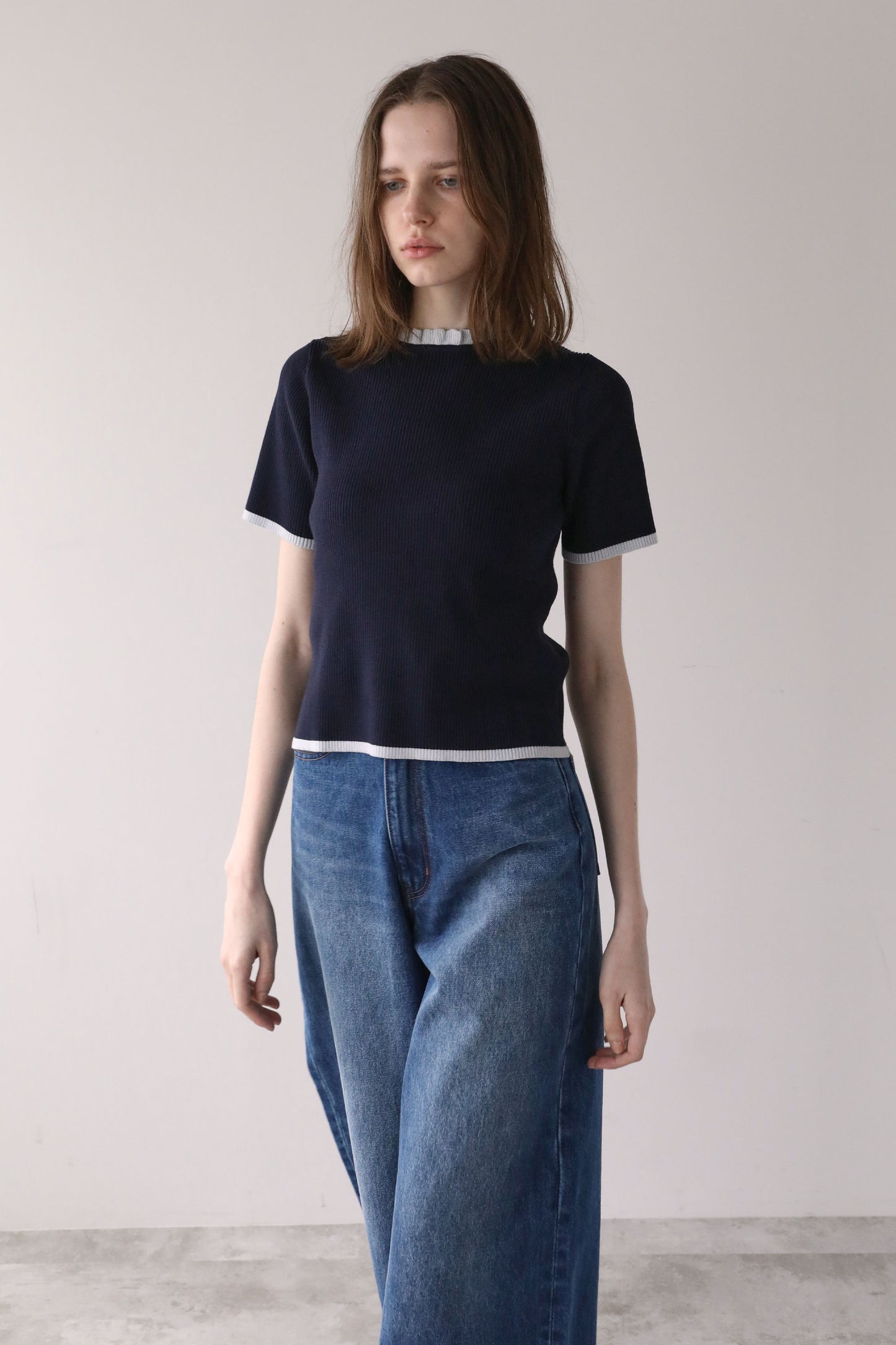 ハーフスリーブフリルニット【NAVY】