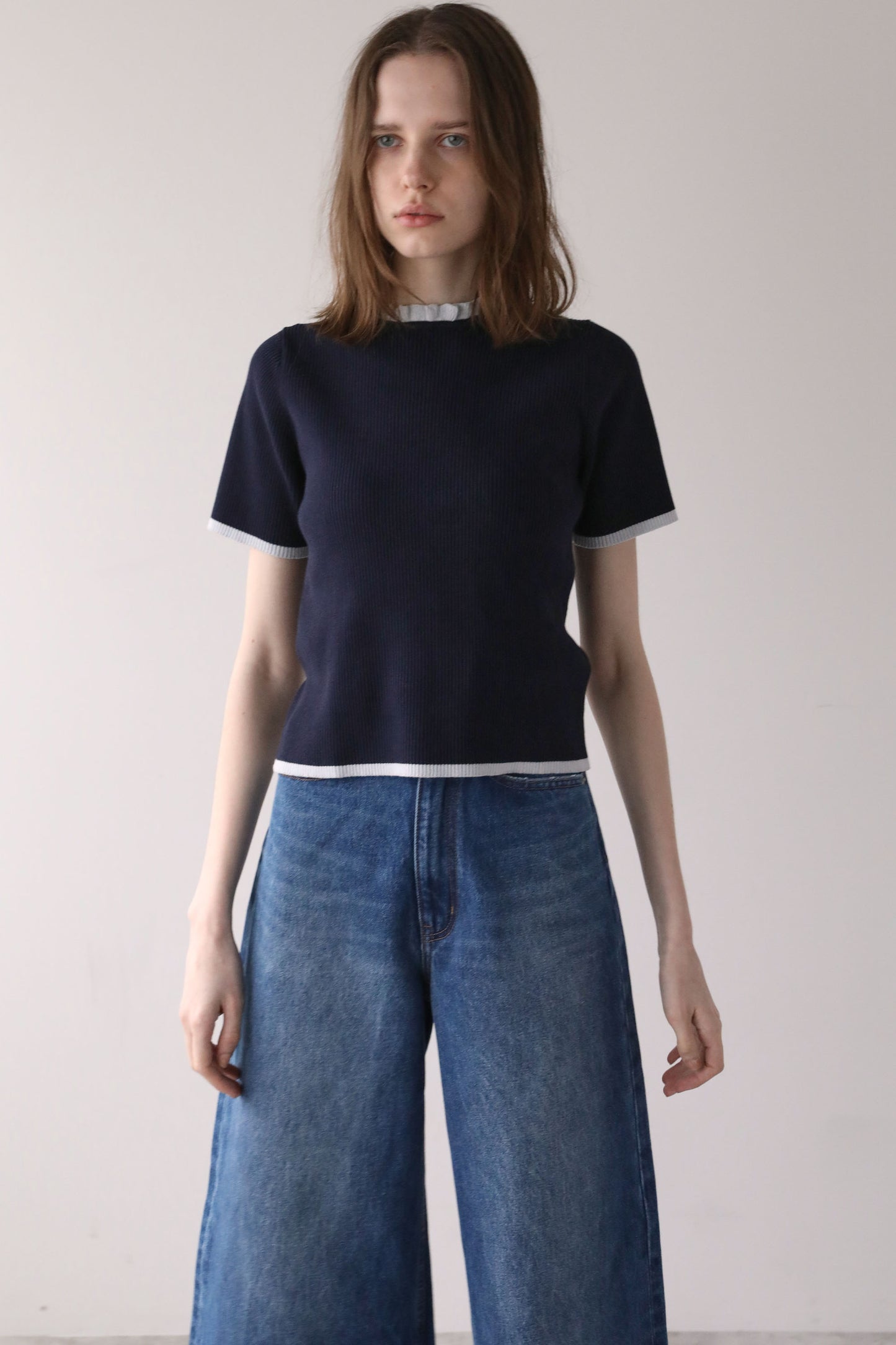 ハーフスリーブフリルニット【NAVY】