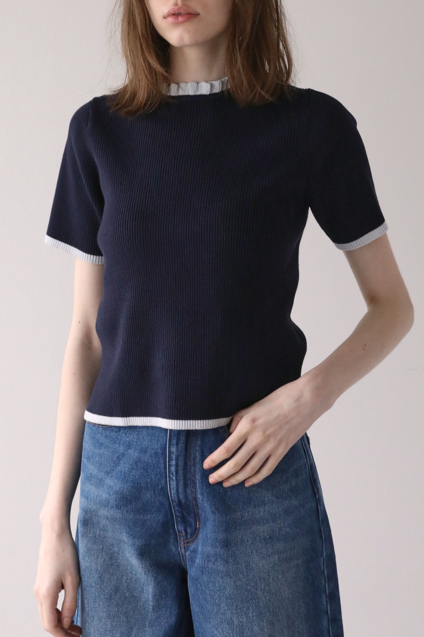 ハーフスリーブフリルニット【NAVY】
