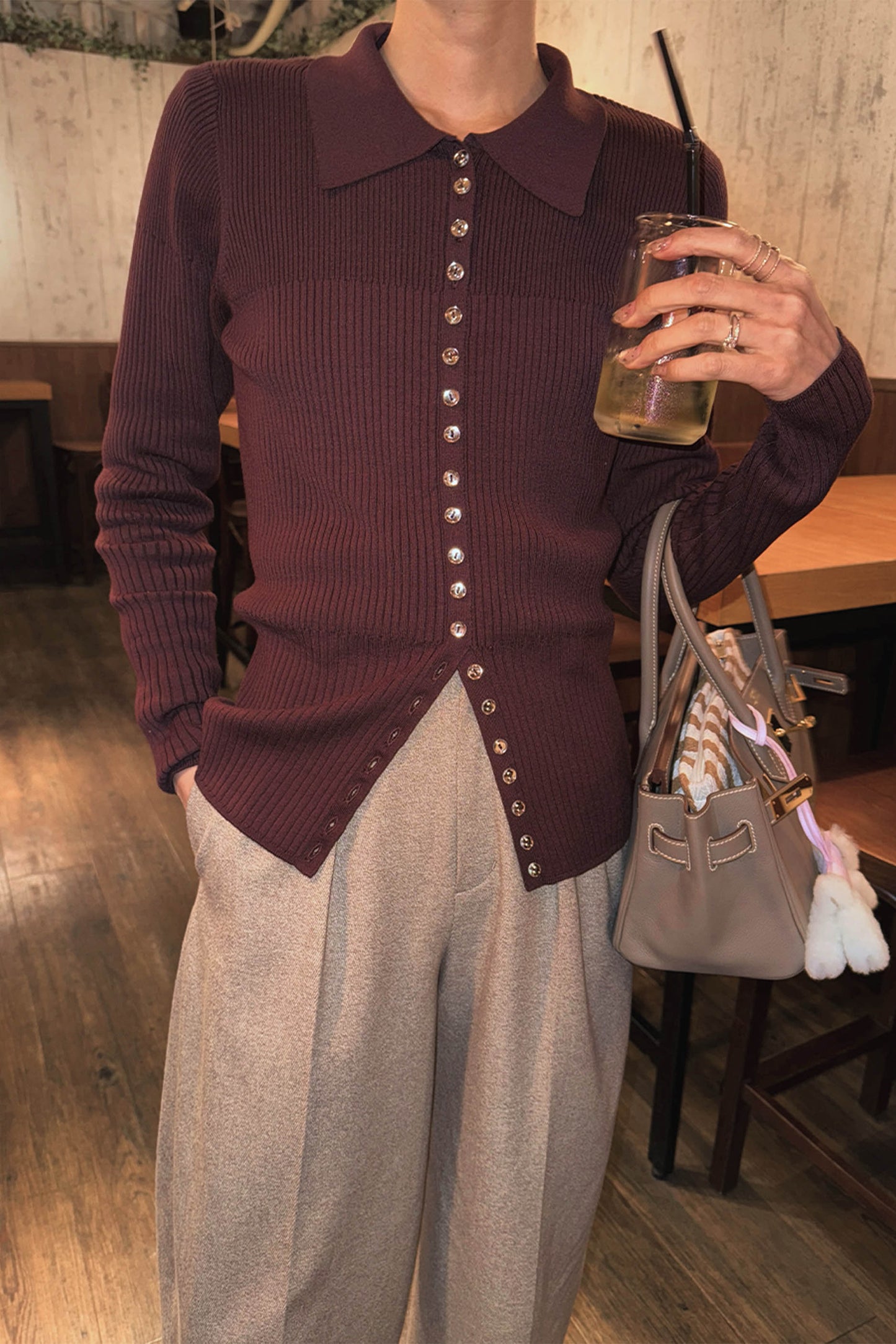 ボタンポロニット【BROWN】