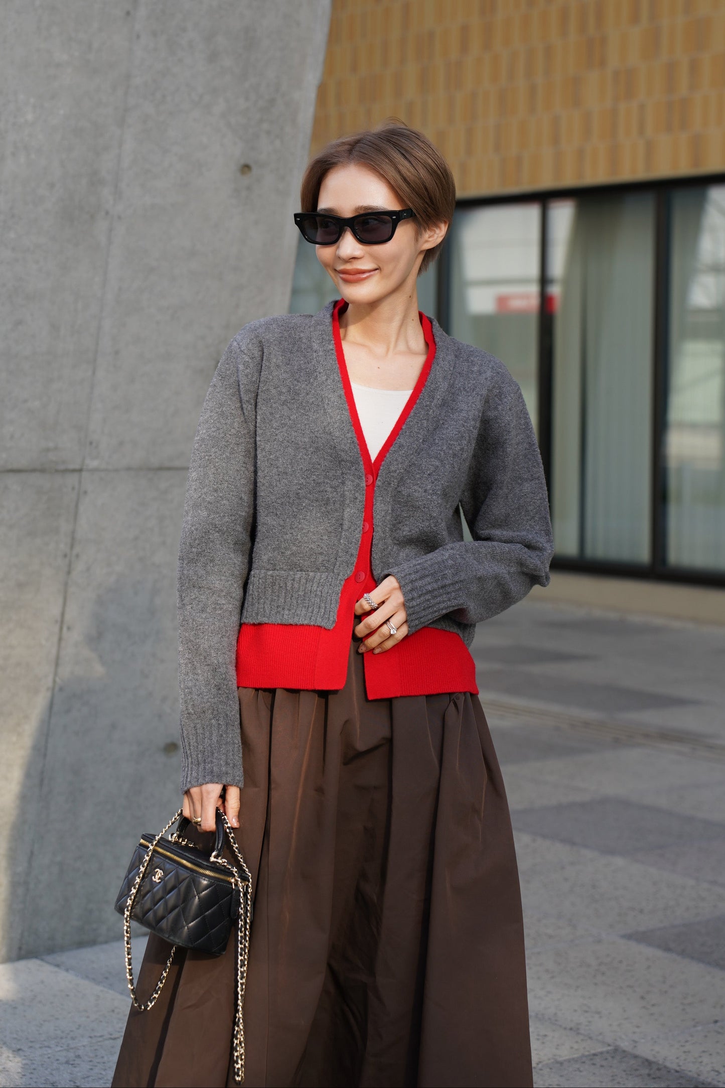 レイヤードニットカーディガン【GRAY】