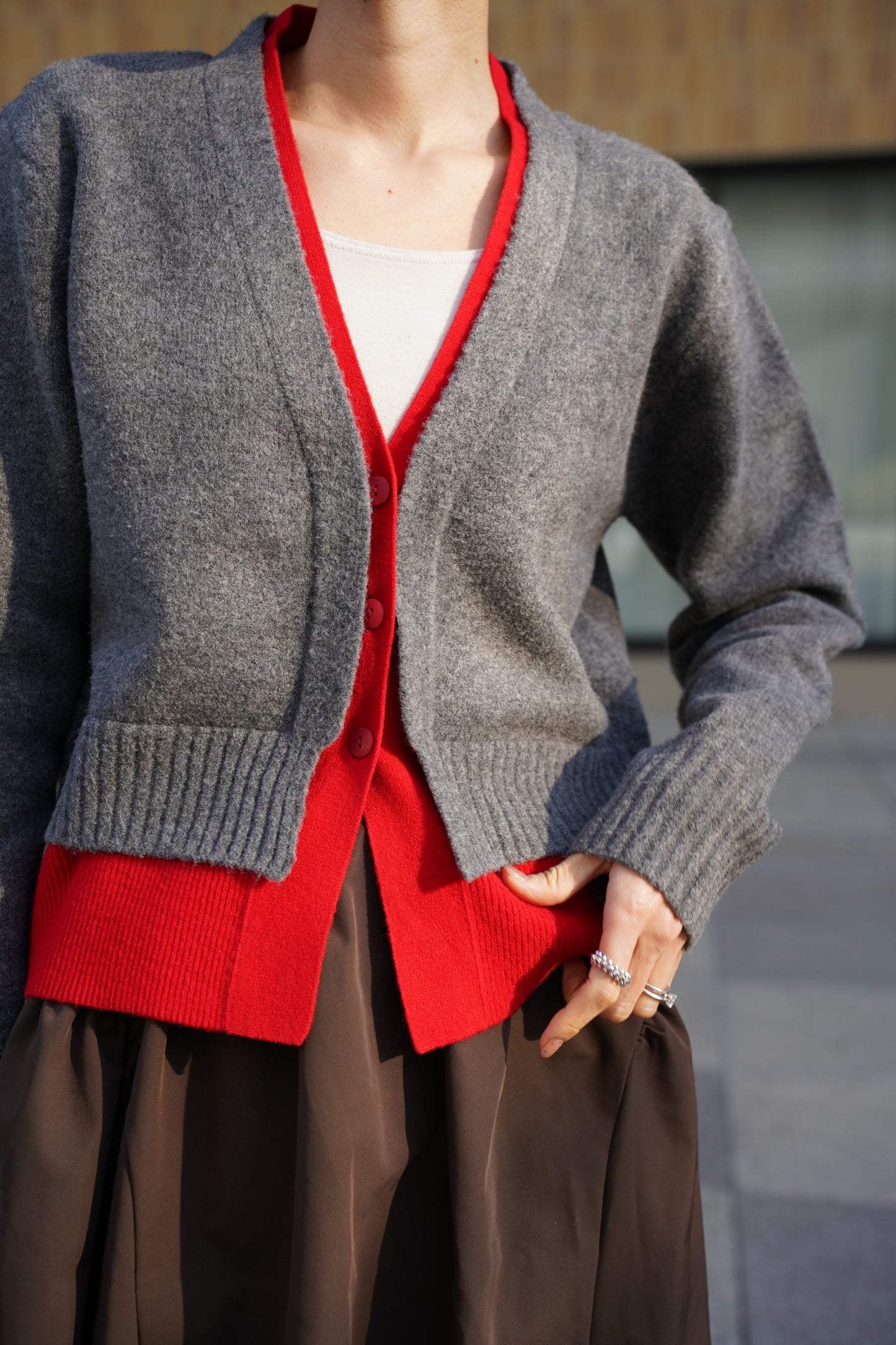 レイヤードニットカーディガン【GRAY】